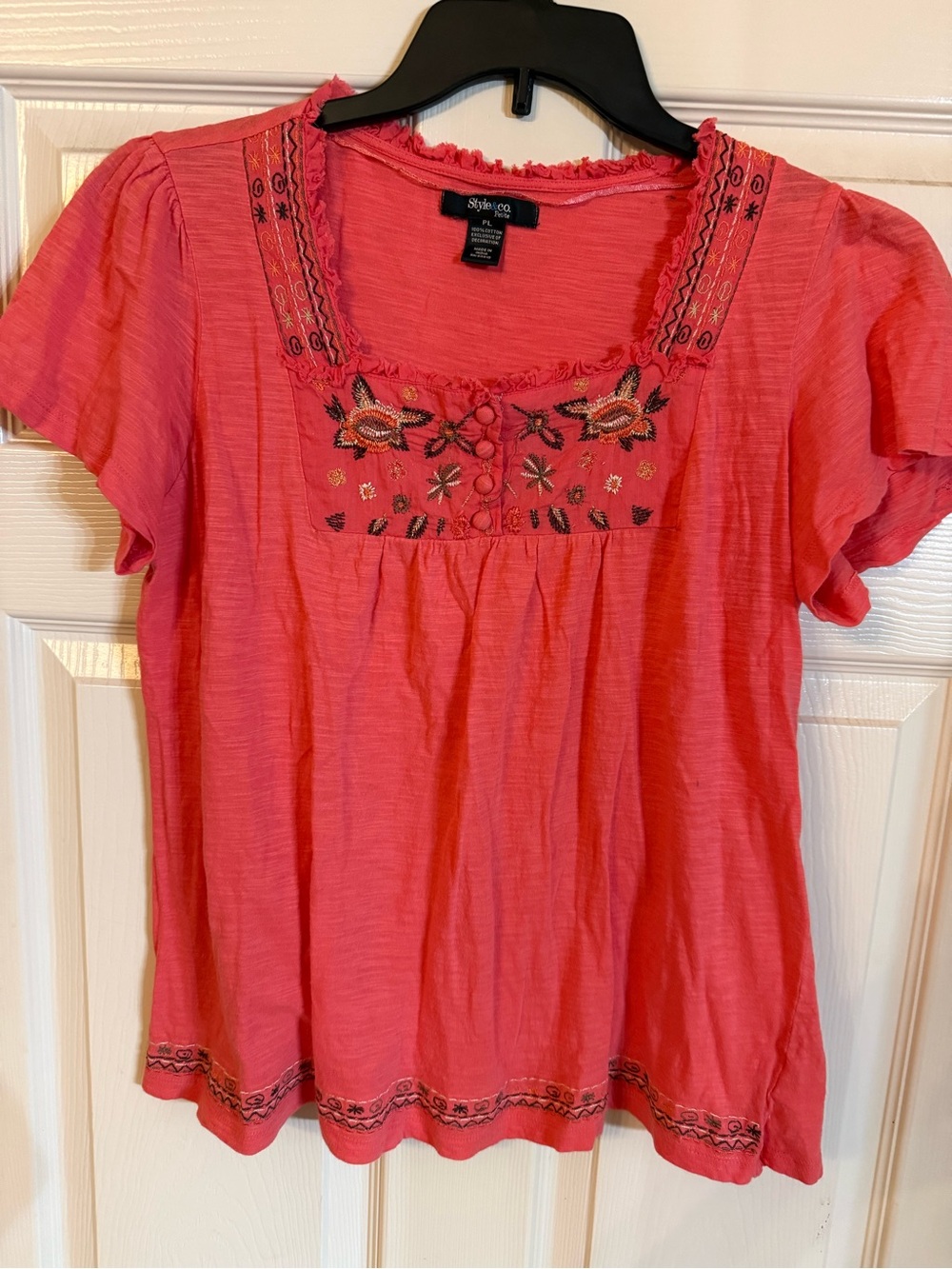 Style & Co. Coral Pink Embroidered Short-Sleeve Peasant Top